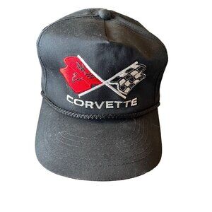 Vintage YoungAn Trucker Hat Black Snapback Corvette Car Club Embroidered Flags